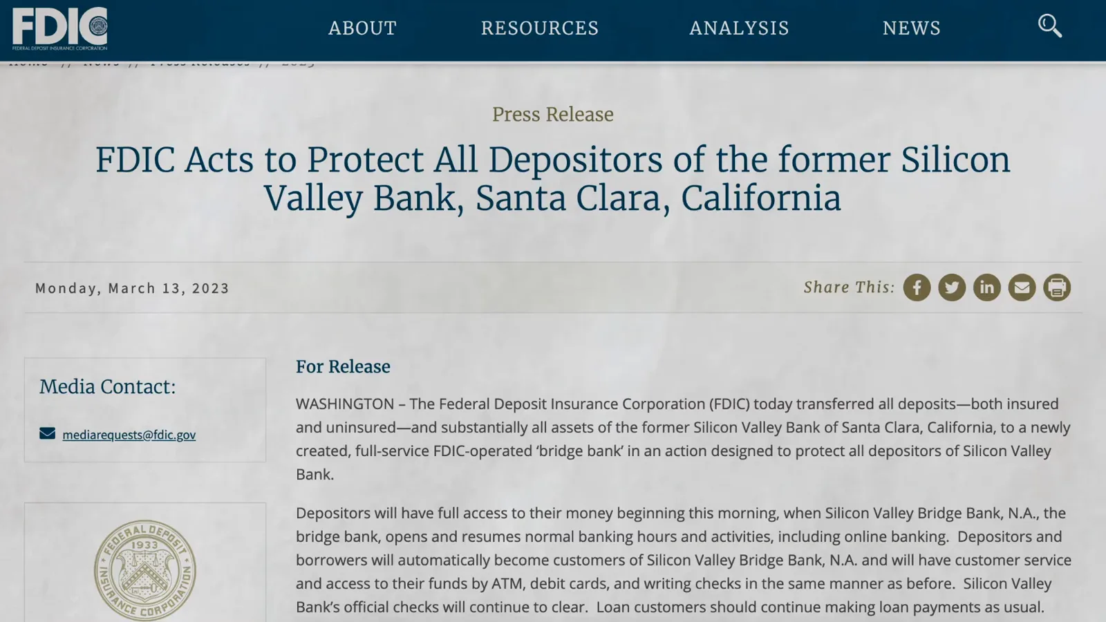 FDIC press release dated March 13, 2023 announcing that all depositors of Silicon Valley Bank were protected and deposits moved to a new bridge bank FDIC press release dated March 13, 2023 announcing that all depositors of Silicon Valley Bank were protected and deposits moved to a new bridge bank