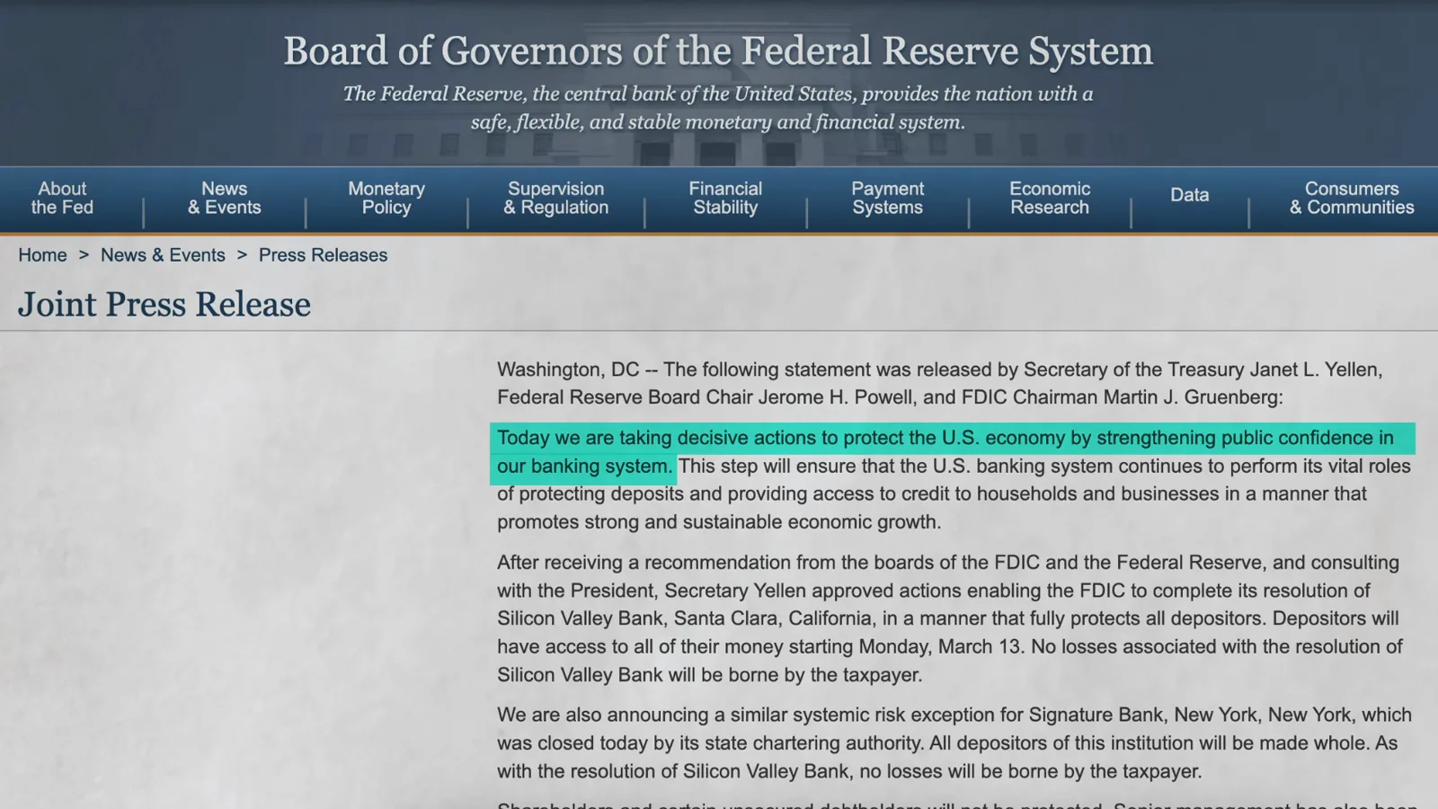 Joint press release on the Federal Reserve website where Treasury, the Federal Reserve and the FDIC announce full protection for Silicon Valley Bank depositors Joint press release on the Federal Reserve website where Treasury, the Federal Reserve and the FDIC announce full protection for Silicon Valley Bank depositors