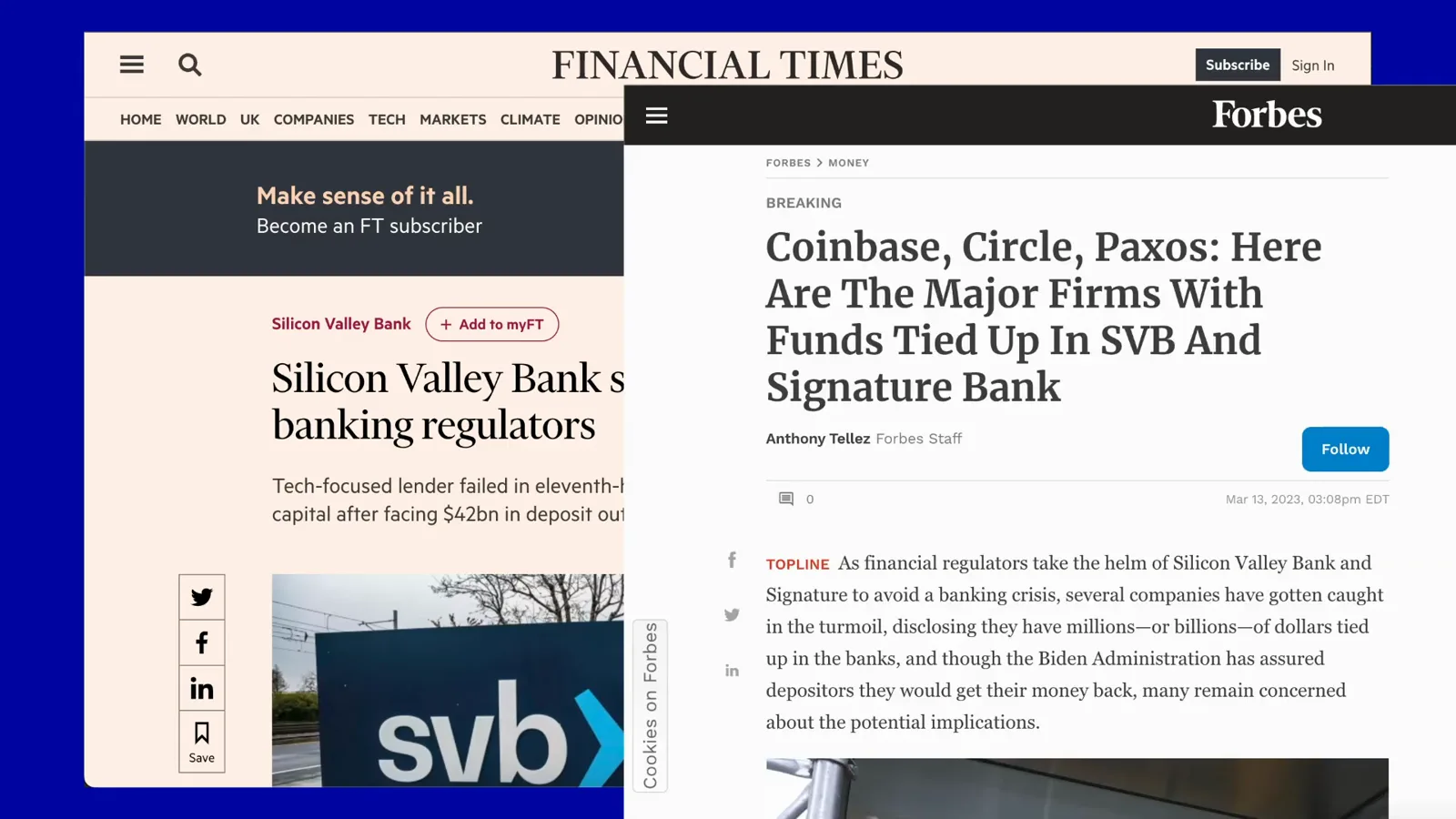 Forbes breaking news item listing Coinbase, Circle and Paxos among the major firms with funds tied up in Silicon Valley Bank and Signature Bank Forbes breaking news item listing Coinbase, Circle and Paxos among the major firms with funds tied up in Silicon Valley Bank and Signature Bank