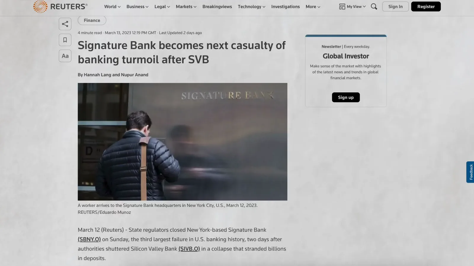 Reuters report headlined Signature Bank becomes next casualty of banking turmoil after SVB, with a worker arriving at the bank's New York headquarters Reuters report headlined Signature Bank becomes next casualty of banking turmoil after SVB, with a worker arriving at the bank's New York headquarters