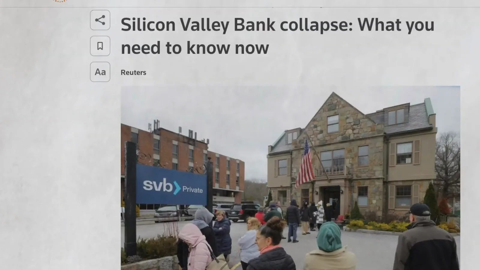 Reuters explainer headlined Silicon Valley Bank collapse: What you need to know now, showing depositors gathered outside a Silicon Valley Bank office Reuters explainer headlined Silicon Valley Bank collapse: What you need to know now, showing depositors gathered outside a Silicon Valley Bank office