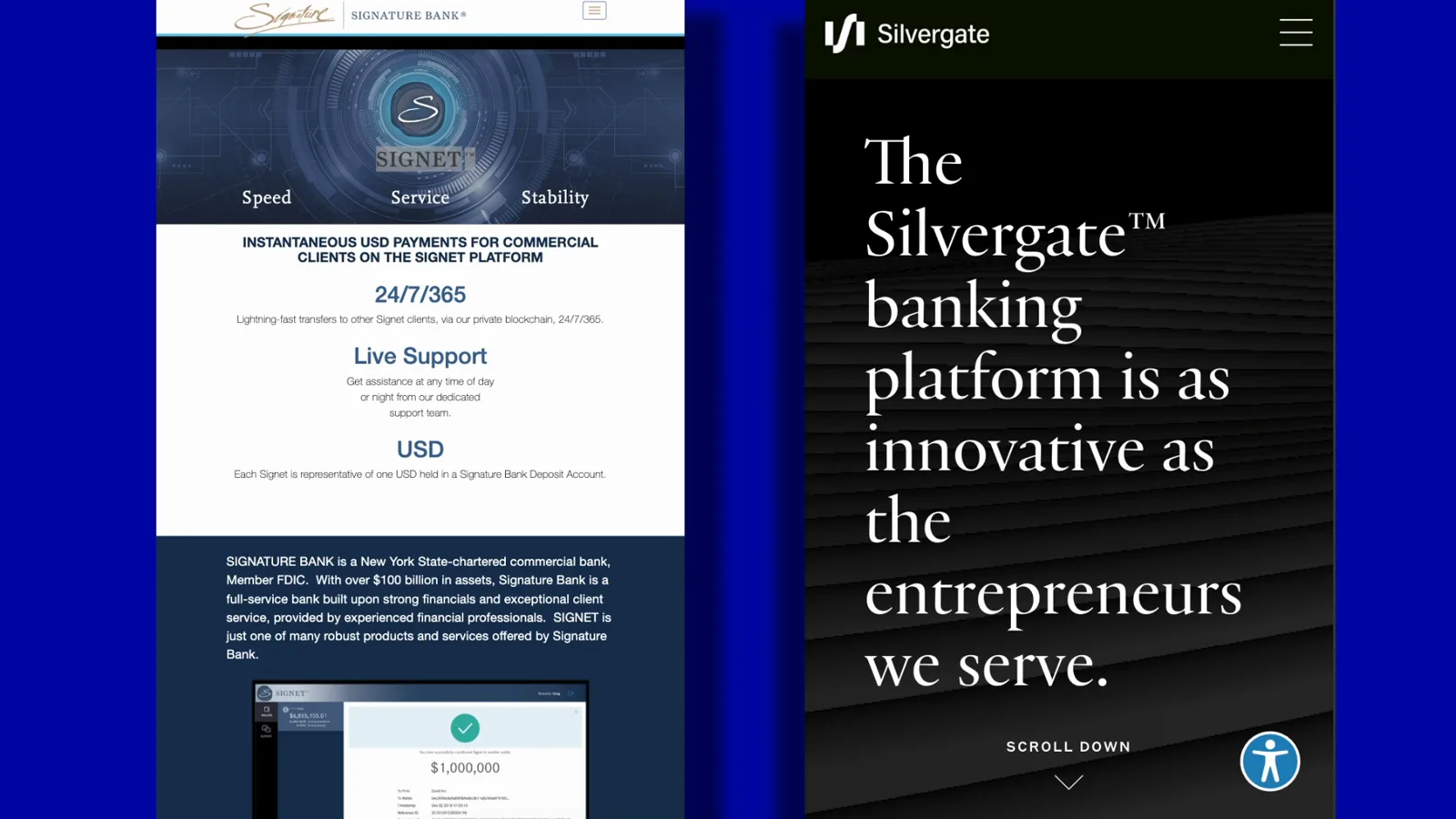 Signature Bank's Signet payment network page beside Silvergate's banking platform website, the 24/7 dollar rails that closed when both banks failed in March 2023 Signature Bank's Signet payment network page beside Silvergate's banking platform website, the 24/7 dollar rails that closed when both banks failed in March 2023