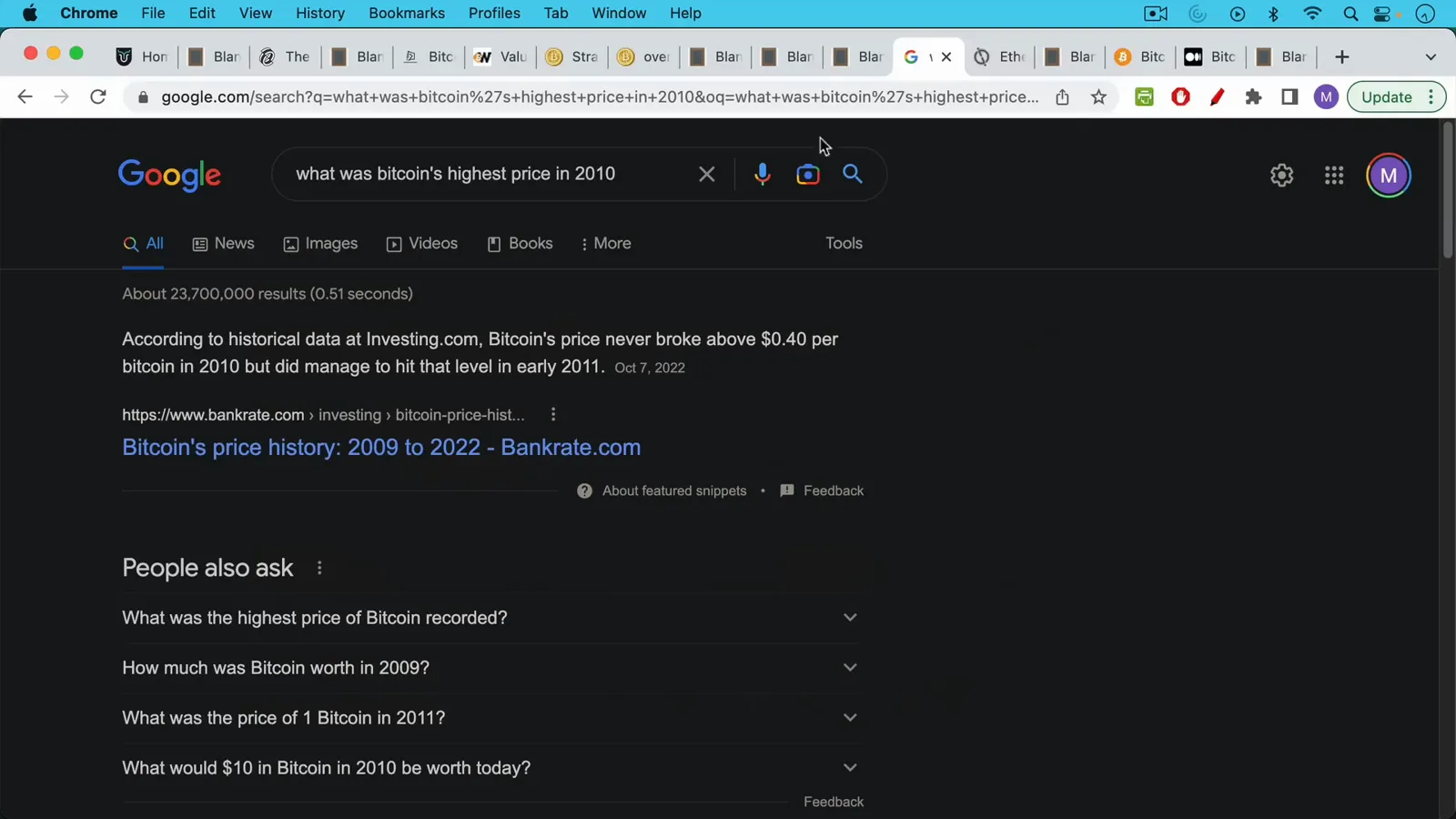 Google search for bitcoin's highest price in 2010 returning an answer that the price never broke above 0.40 dollars that year