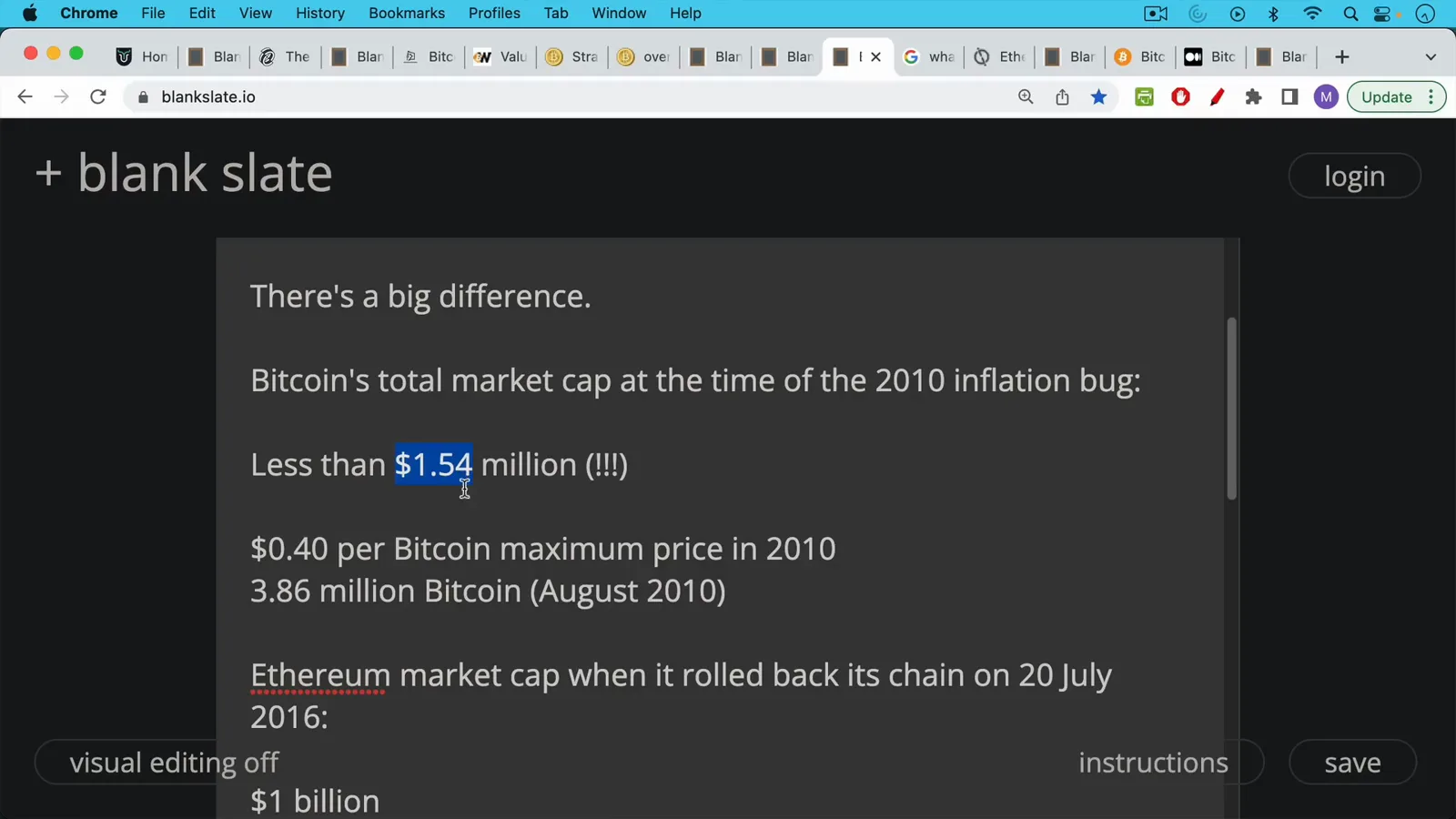 Note listing Bitcoin's 2010 market cap under 1.54 million dollars with the figure highlighted, next to Ethereum's 1 billion dollar cap at its 2016 rollback