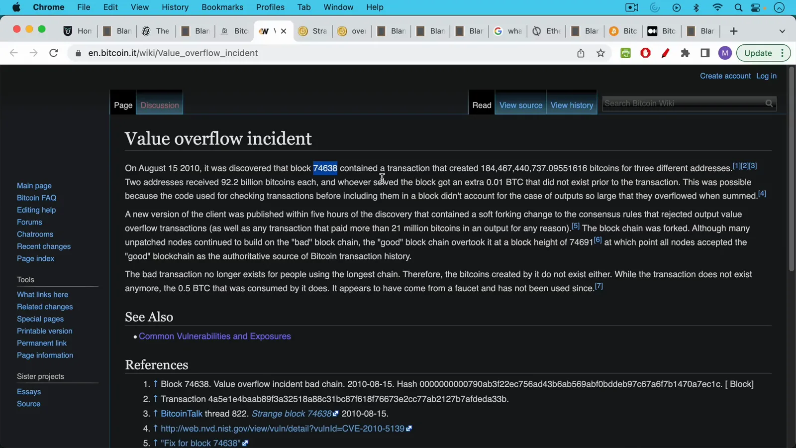Bitcoin Wiki entry for the Value overflow incident with block height 74638 highlighted in the opening paragraph