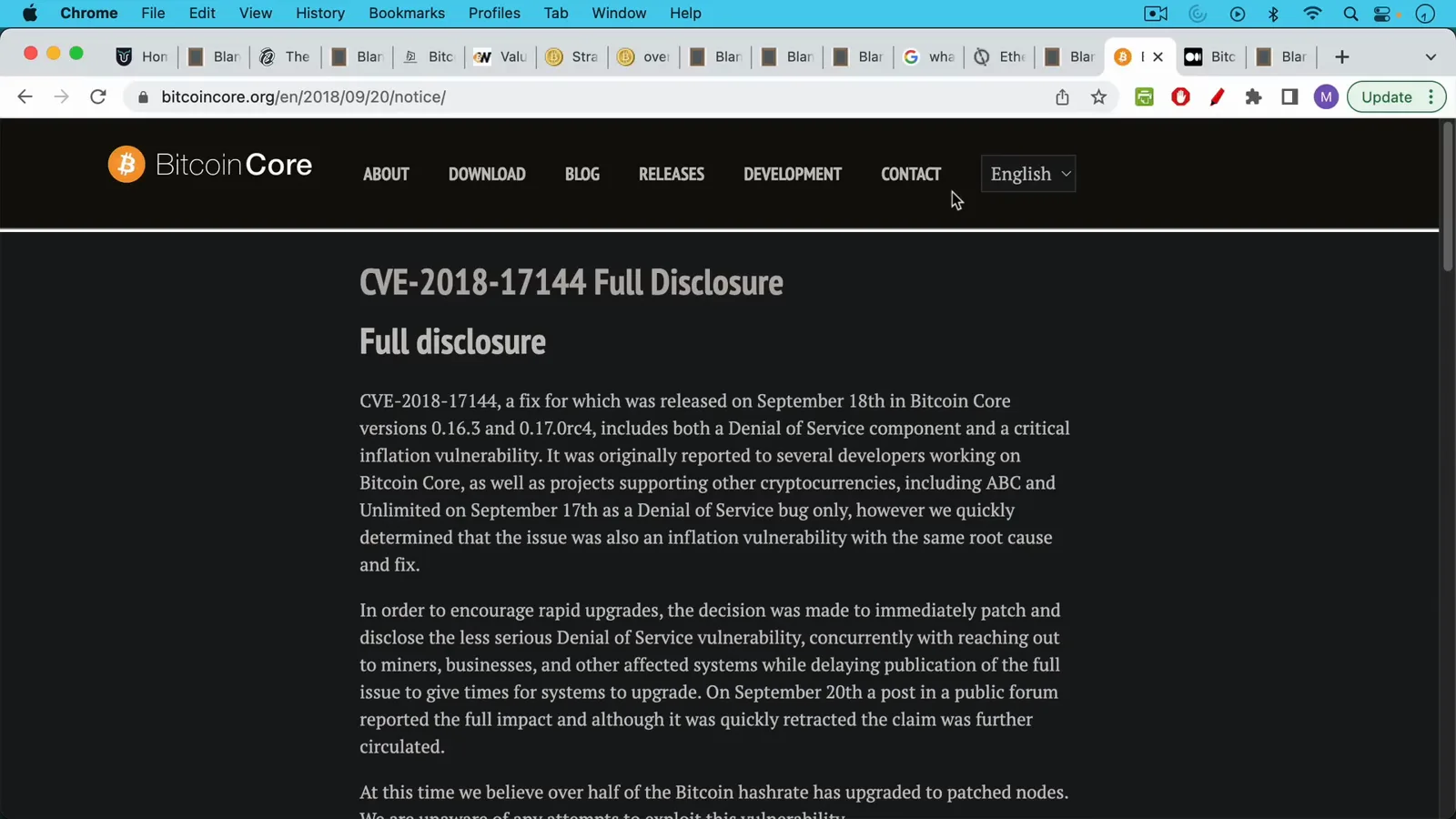Bitcoin Core's full disclosure page for CVE-2018-17144, the 2018 inflation bug that was reported and patched before any exploitation