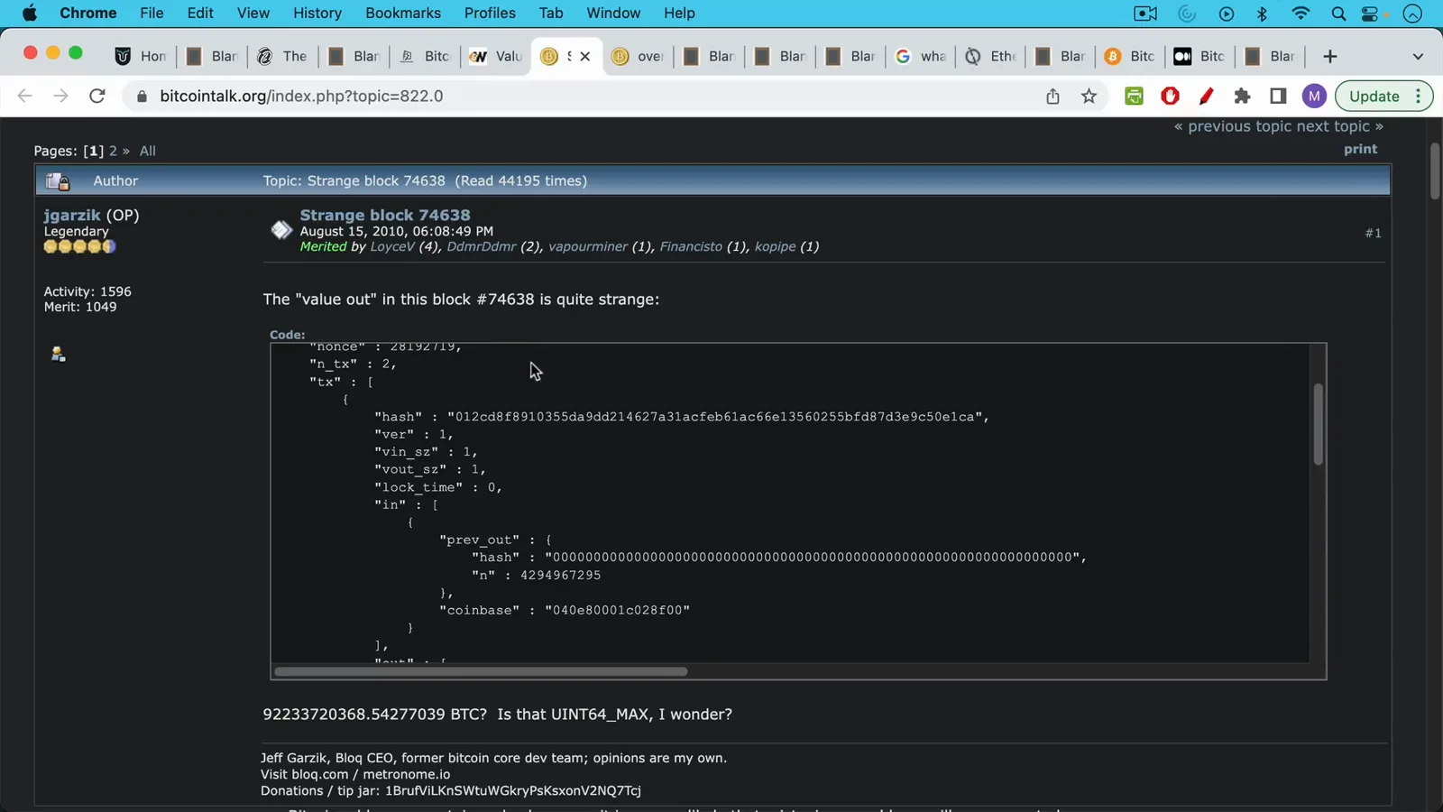 Jeff Garzik's August 15, 2010 Bitcointalk post reading The value out in this block 74638 is quite strange with his UINT64_MAX question below the transaction dump