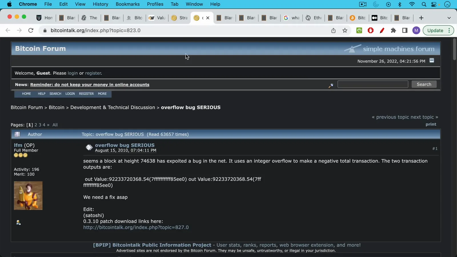 Bitcointalk thread titled overflow bug SERIOUS where forum users reported the negative transaction and shared the 0.3.10 patch download link on August 15, 2010