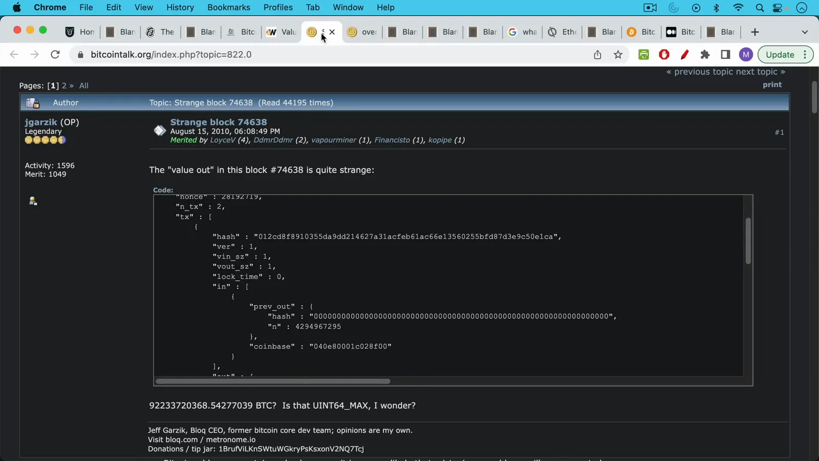 Raw JSON of the 2010 overflow transaction on Bitcointalk showing two value fields of 92233720368.54277039 BTC inside block 74638