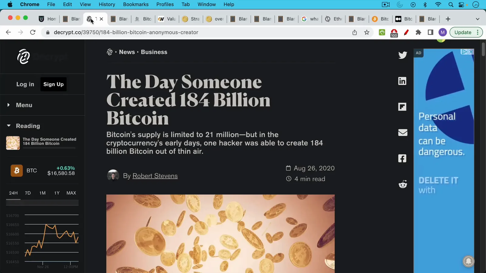 CoinDesk article from August 2020 titled The Day Someone Created 184 Billion Bitcoin by Robert Stevens, retelling the 2010 value overflow incident