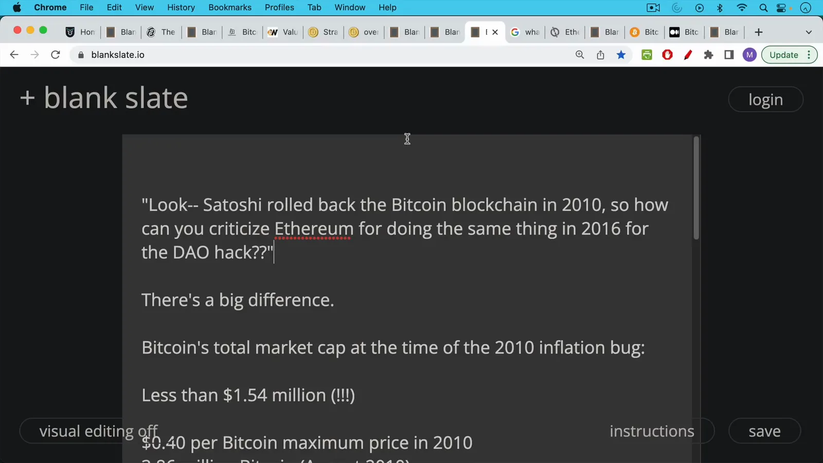 Handwritten question asking why critics accept Satoshi's 2010 rollback but condemn Ethereum's 2016 DAO hack reversal