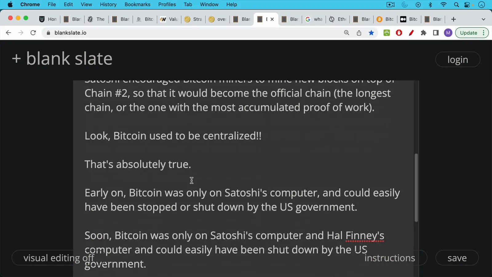 Note describing how Satoshi sent miners to build on chain two so the most accumulated proof of work became Bitcoin's official chain again