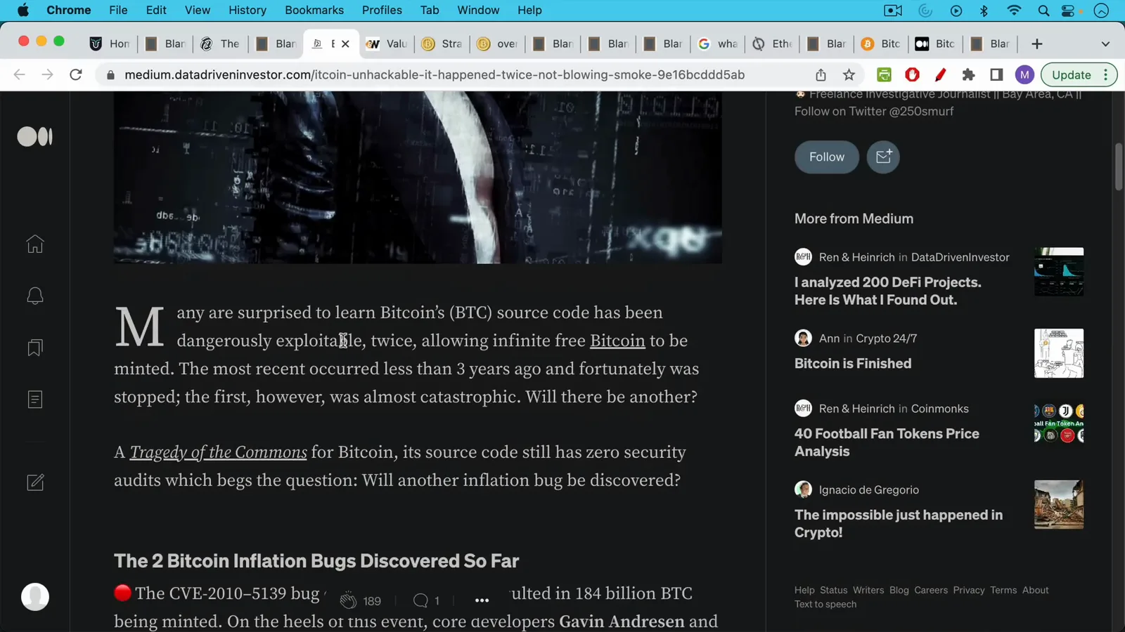 Medium article Bitcoin Hacked? It Happened (twice) with the line its source code still has zero security audits highlighted above the CVE-2010-5139 section