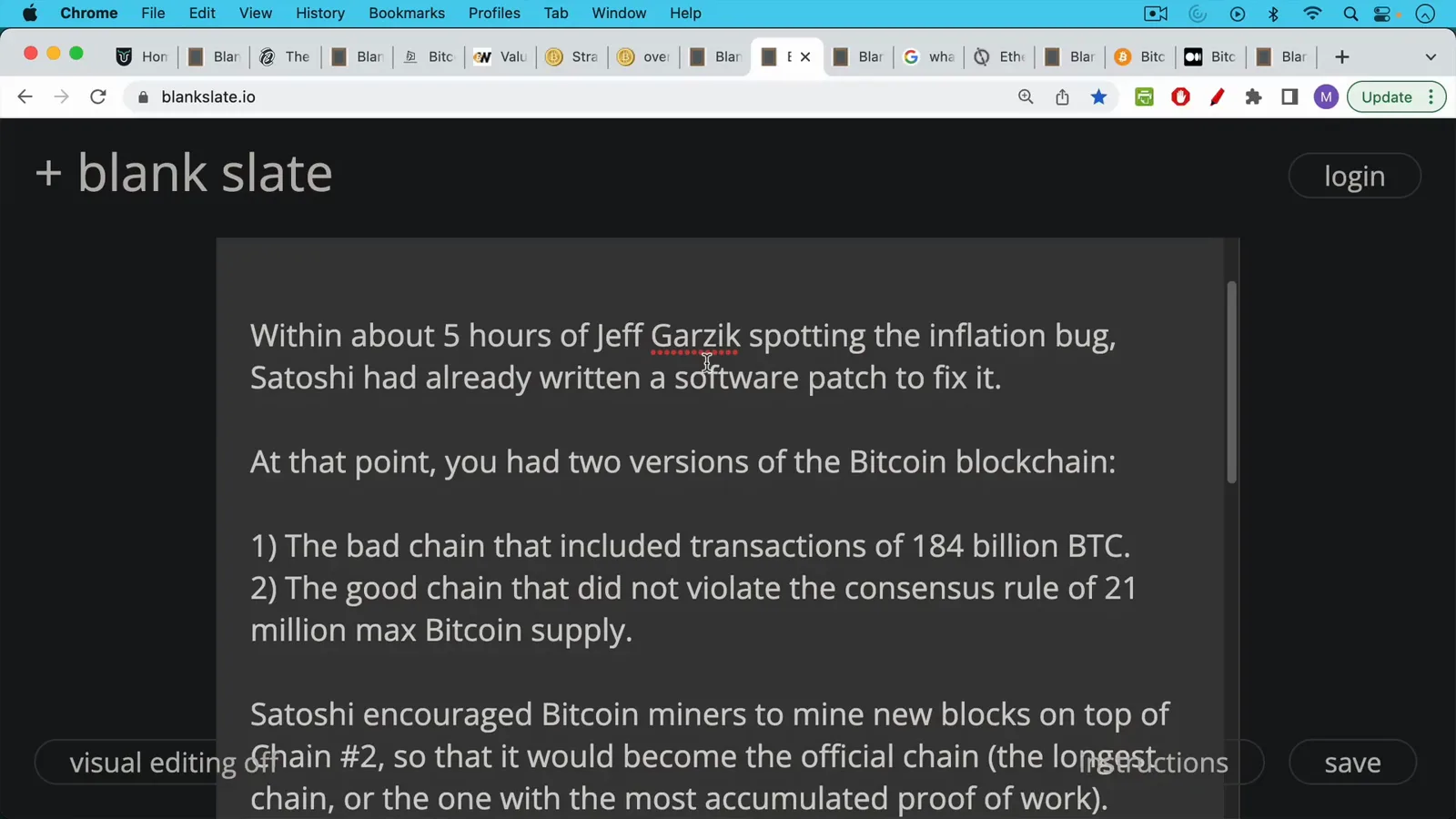 Handwritten note explaining that Satoshi wrote a software patch within about five hours of Jeff Garzik reporting the 2010 inflation bug