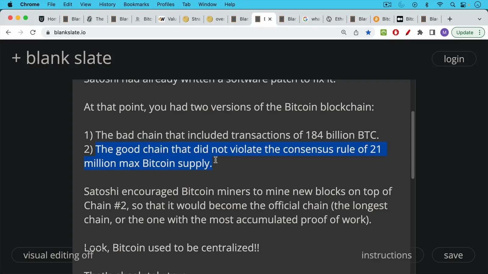 Written comparison of the two rival 2010 blockchains, the bad chain carrying 184 billion BTC and the good chain highlighted for preserving the 21 million supply rule