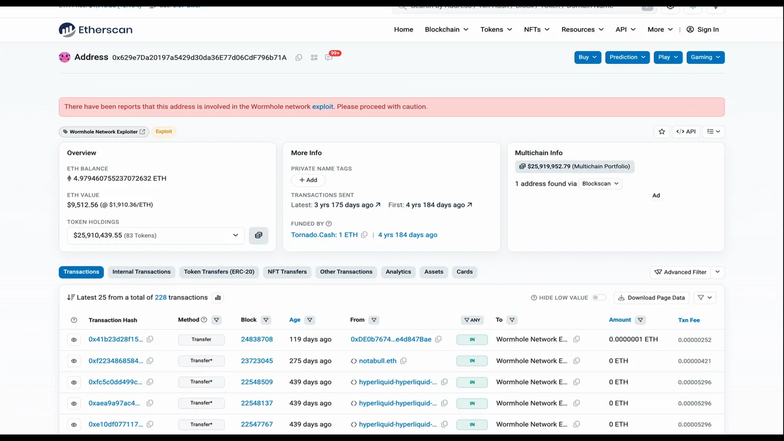 Etherscan page for attacker address 0x629e labeled Wormhole Network Exploiter under a red exploit warning banner with its transaction list below Etherscan page for attacker address 0x629e labeled Wormhole Network Exploiter under a red exploit warning banner with its transaction list below
