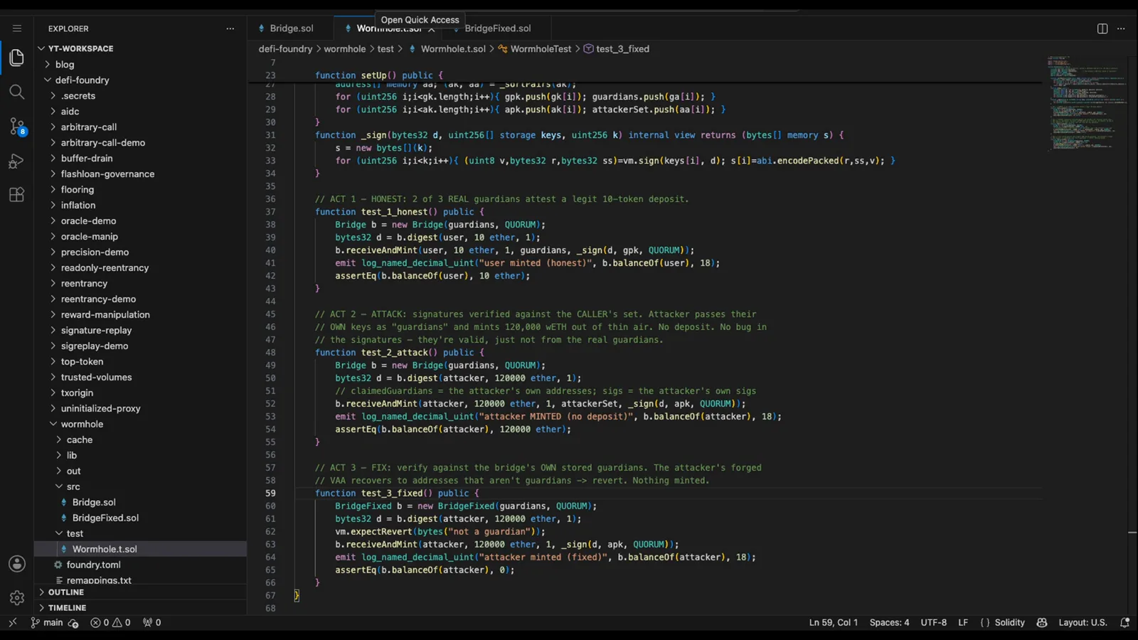 Solidity test code for act 3 of the Wormhole rebuild using vm.expectRevert bytes not a guardian and asserting the attacker balance stays zero Solidity test code for act 3 of the Wormhole rebuild using vm.expectRevert bytes not a guardian and asserting the attacker balance stays zero