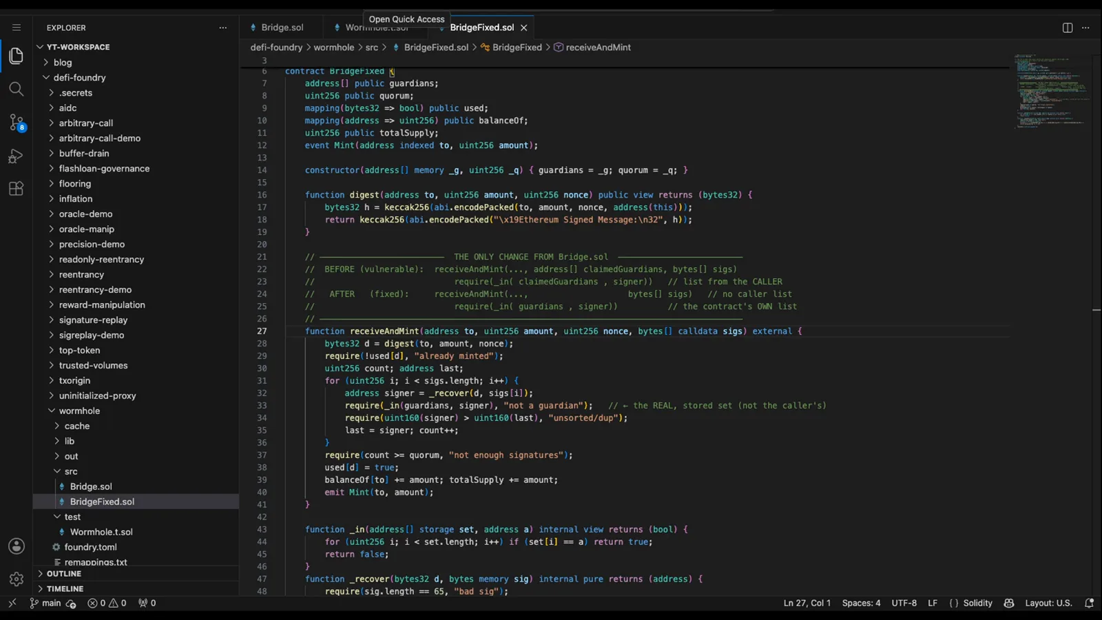 BridgeFixed.sol code comment showing the only change from the vulnerable Wormhole bridge: the claimedGuardians parameter removed and the contract's own guardian list used BridgeFixed.sol code comment showing the only change from the vulnerable Wormhole bridge: the claimedGuardians parameter removed and the contract's own guardian list used