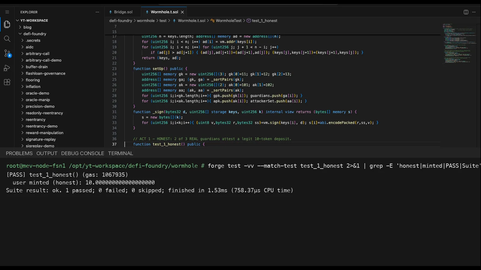 Terminal output of forge test passing test_1_honest with the line user minted (honest): 10.000000000000000000 and a green suite result Terminal output of forge test passing test_1_honest with the line user minted (honest): 10.000000000000000000 and a green suite result