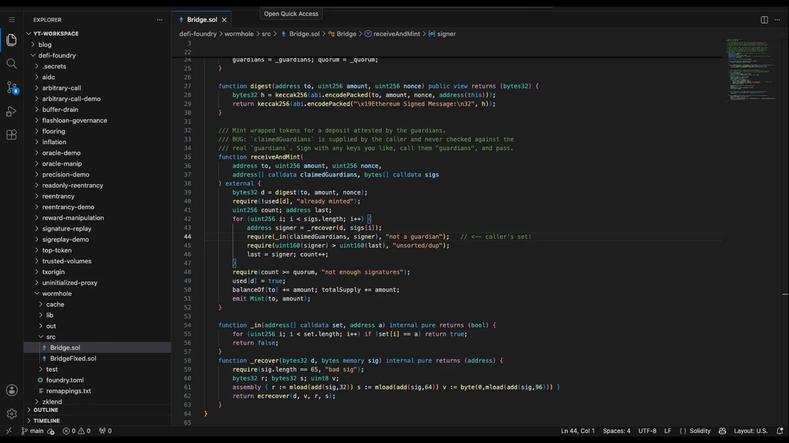 Solidity code of the vulnerable Wormhole bridge showing require(_in(claimedGuardians, signer)) marked as the caller's set inside the receiveAndMint function Solidity code of the vulnerable Wormhole bridge showing require(_in(claimedGuardians, signer)) marked as the caller's set inside the receiveAndMint function